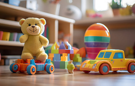 A cozy playroom filled with toys, featuring a plush teddy bear sitting on a wooden toy car, a bright yellow toy vehicle, and a variety of colorful blocks and stacking toys in the background.