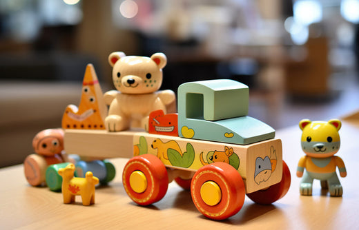 Colorful wooden toy truck with animal-themed decorations, detachable trailer, and wooden animal figurines, designed for interactive and imaginative play.