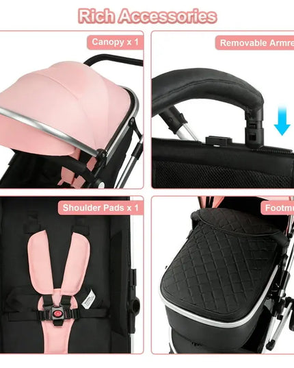 Vomeast Foldable Aluminum Alloy Baby Stroller with Reversible Bassinet