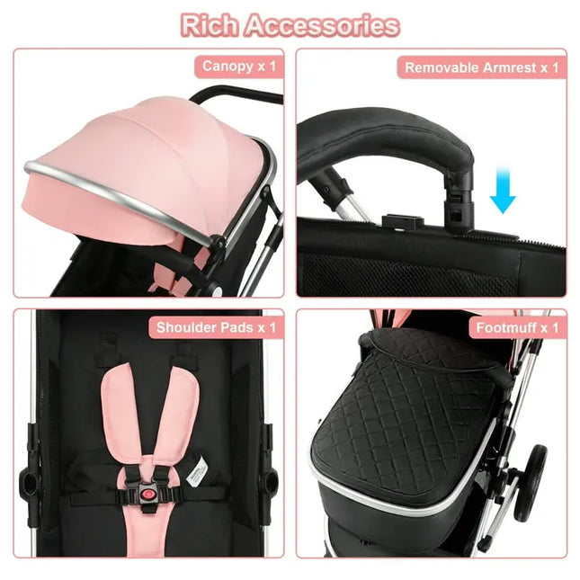 Vomeast Foldable Aluminum Alloy Baby Stroller with Reversible Bassinet