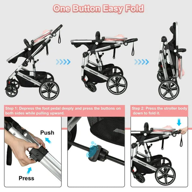 Vomeast Foldable Aluminum Alloy Baby Stroller with Reversible Bassinet