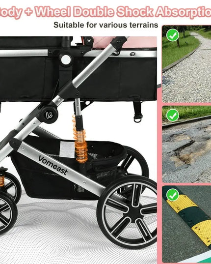 Vomeast Foldable Aluminum Alloy Baby Stroller with Reversible Bassinet