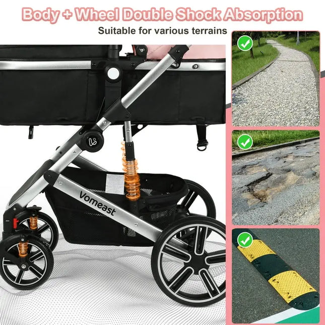 Vomeast Foldable Aluminum Alloy Baby Stroller with Reversible Bassinet
