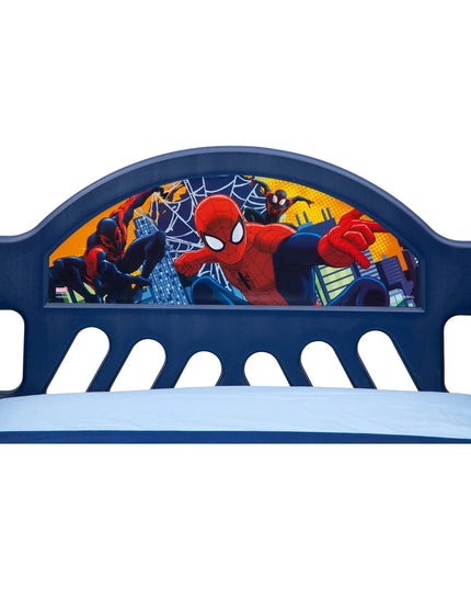 Children's bed with Spider-Man design on the headboard against a white background