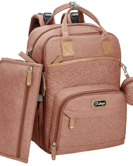 Pink backpack with a pouch and smaller bag on a white background