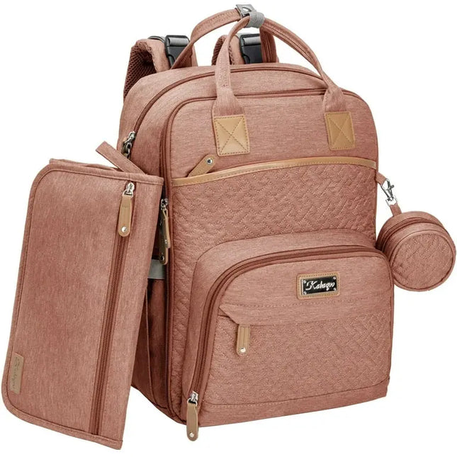 Pink backpack with a pouch and smaller bag on a white background