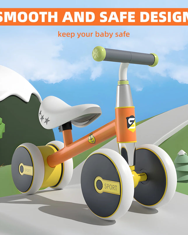 Children's balance bike with training wheels on a road with trees and sky in the background, emphasizing safety.