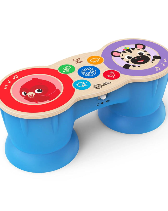 Children's toy drum with colorful buttons and animal faces on a white background