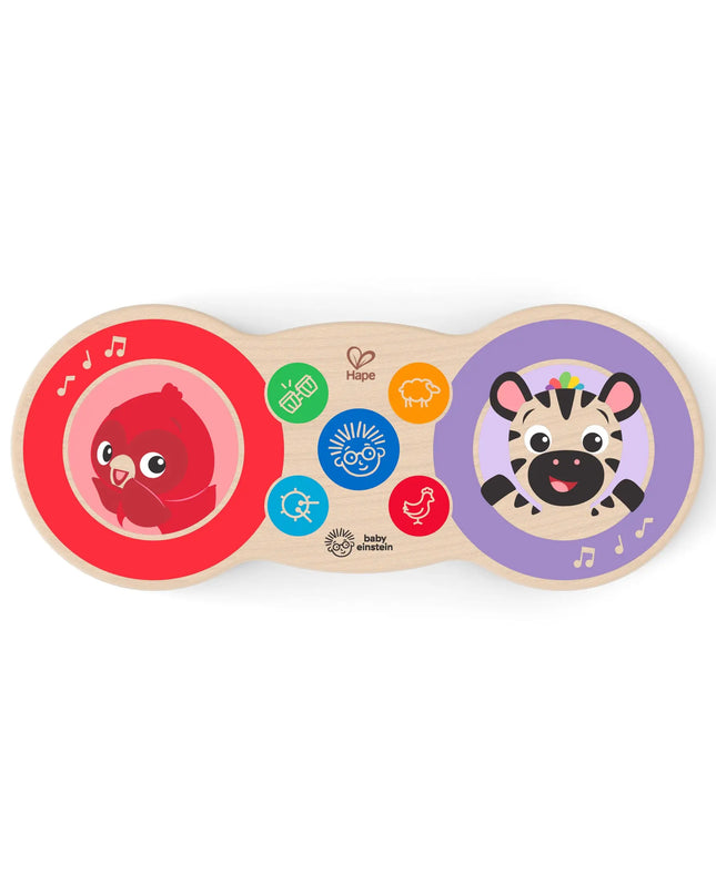 Colorful baby toy with animal faces and icons on a white background