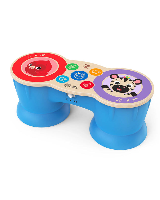 Colorful children's toy drum with animal faces on a white background