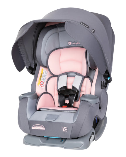 Gray and pink car seat with canopy on a white background