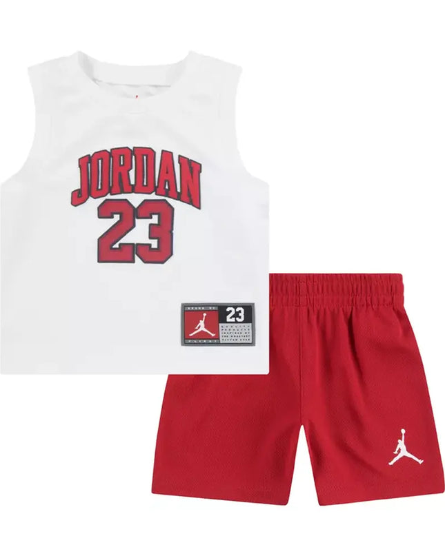 Children's Jordan 23 basketball jersey and shorts set on a white background