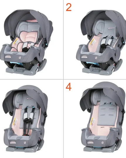 Four views of a gray car seat on a white background