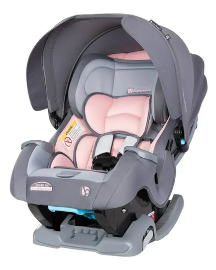 Gray and pink baby car seat on a white background