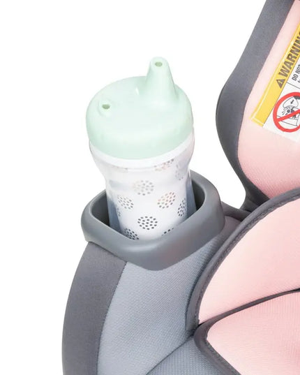 Baby bottle holder attached to a car seat with a green bottle inside.