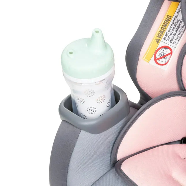 Baby bottle holder attached to a car seat with a green bottle inside.