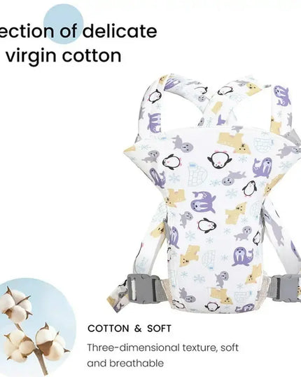 Baby carrier with animal pattern and cotton text on a white background