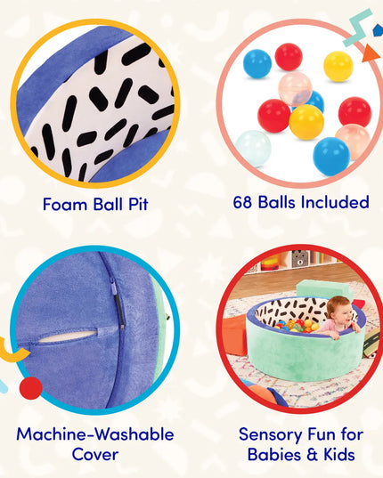 Product packaging with details of foam ball pit, machine-washable cover, and sensory balls included.