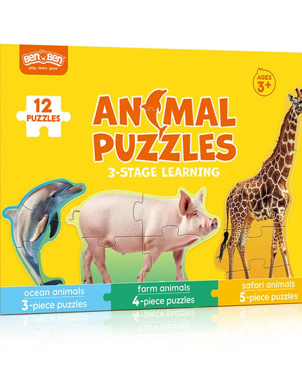 Box of animal puzzles with various animals on a yellow background