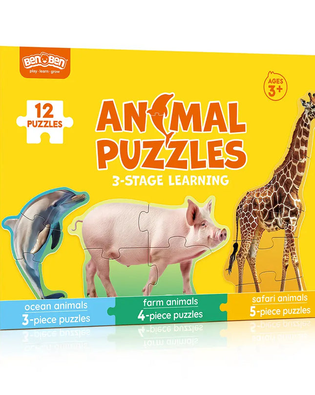 Box of animal puzzles with various animals on a yellow background