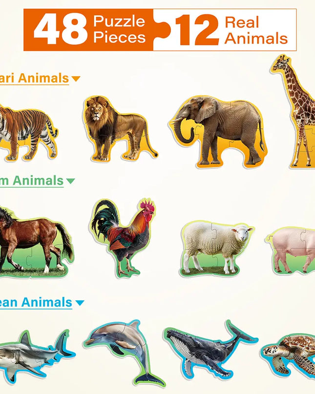 Set of animal-themed puzzle pieces with labels for safari, farm, and ocean animals on a white background.