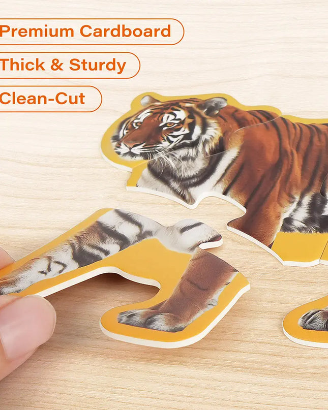 Tiger-shaped cutout on premium cardboard with text highlighting features