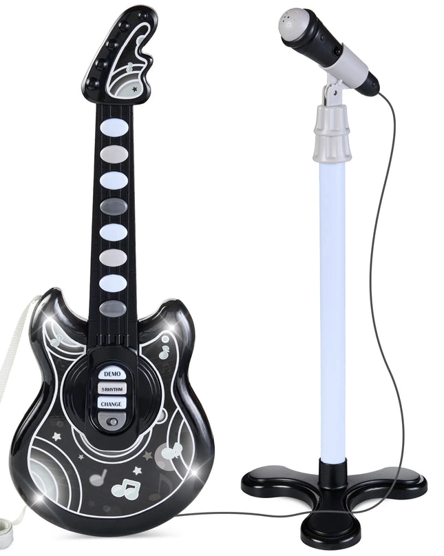 Children's toy guitar with microphone on a white background
