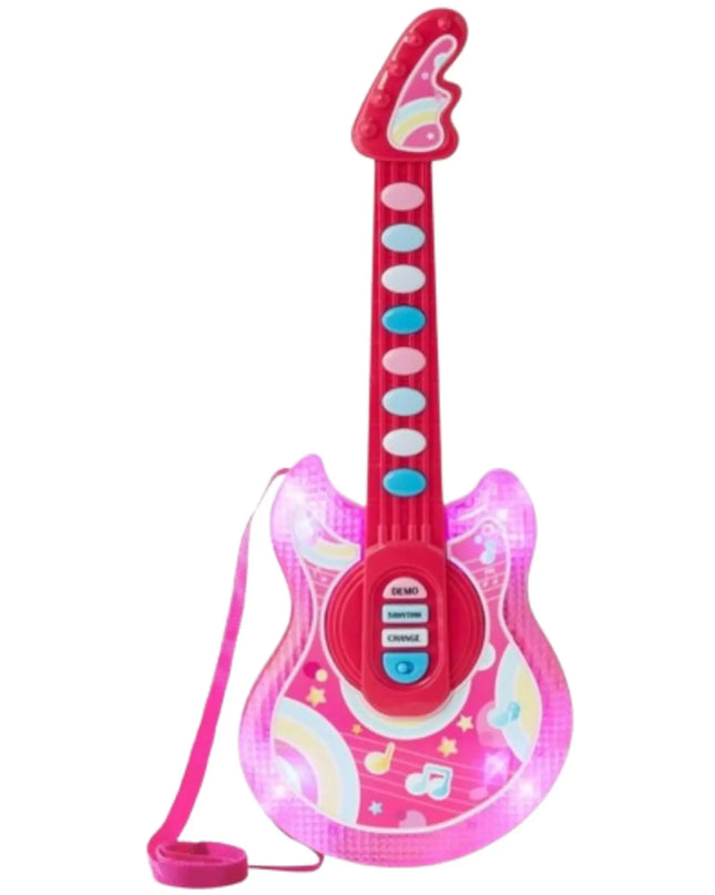 Pink toy guitar with star and moon designs on a white background