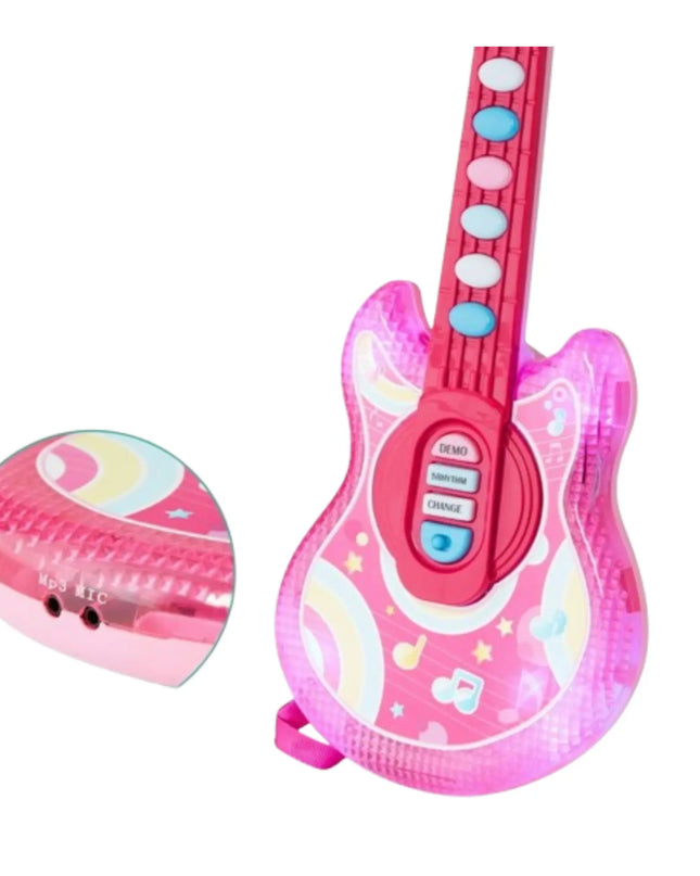 Pink toy guitar with colorful design on a white background