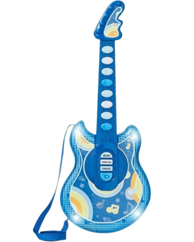 Blue toy guitar with musical designs on a white background