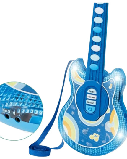 Blue toy guitar with microphone attachment on a white background