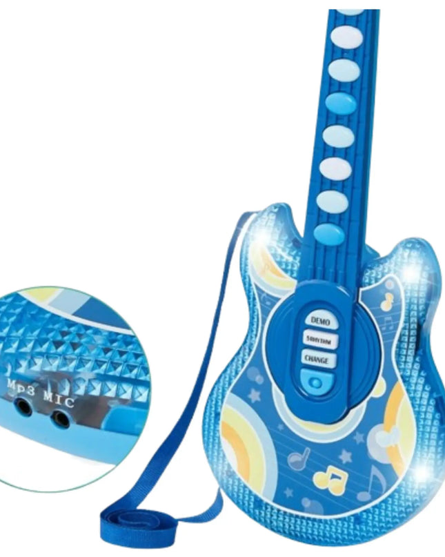 Blue toy guitar with microphone attachment on a white background