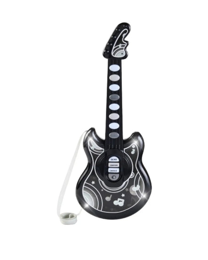 Black toy guitar with white accents on a white background