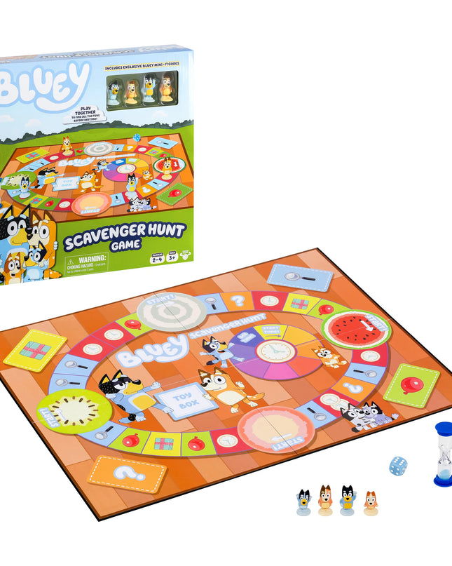 Bluey Scavenger Hunt game with board, figures, and packaging on a white background