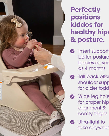 Child in a high chair with text highlighting its benefits