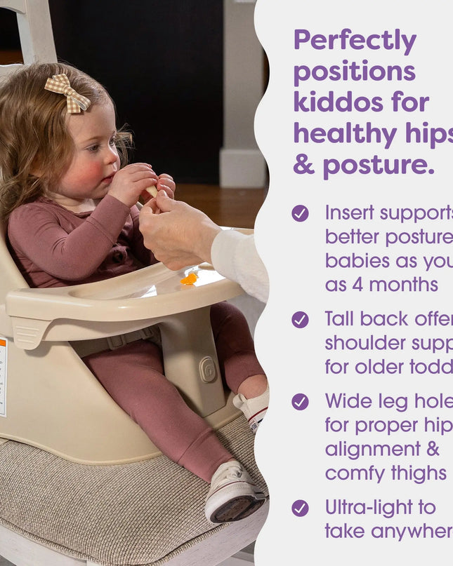 Child in a high chair with text highlighting its benefits
