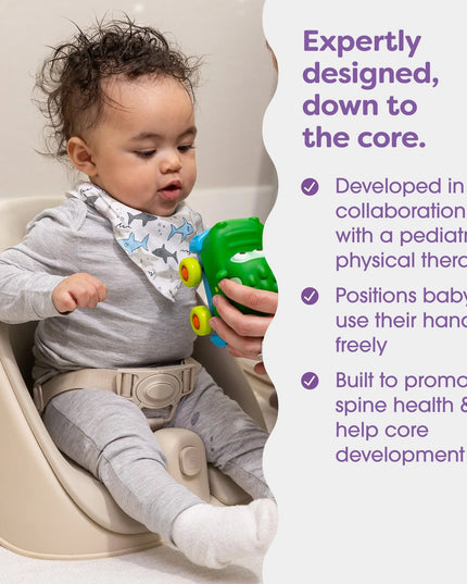 Baby sitting in a high chair with a green toy, surrounded by text about product features.