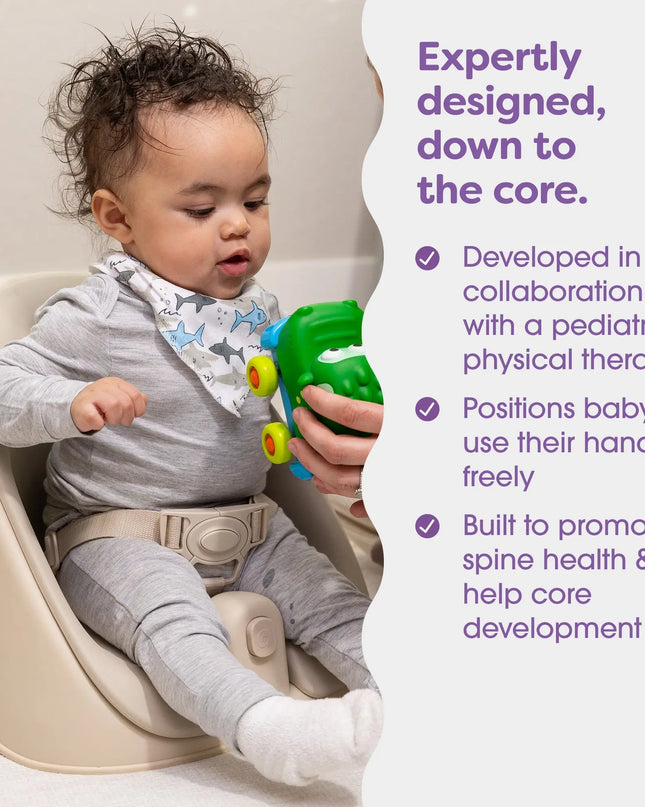 Baby sitting in a high chair with a green toy, surrounded by text about product features.