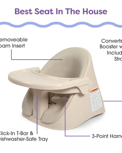 Beige baby booster seat with features highlighted on a white background
