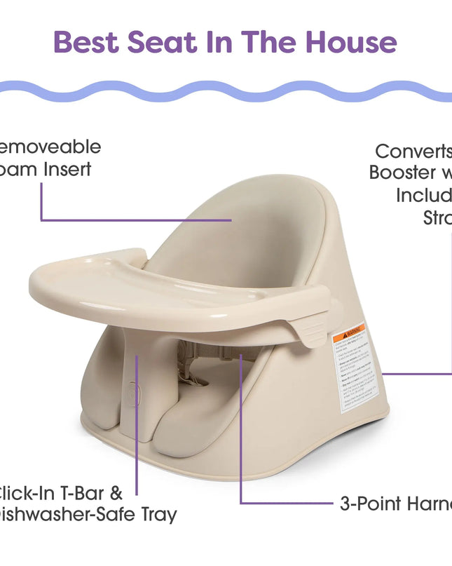 Beige baby booster seat with features highlighted on a white background