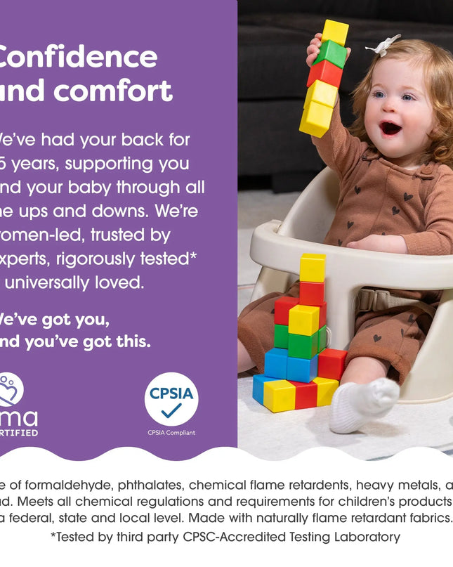 Child playing with colorful blocks in a high chair, with text about product safety and certification on a purple background.