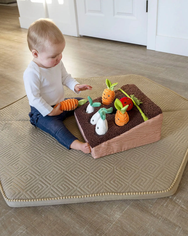 Child playing with a toy set on a mat in a room.