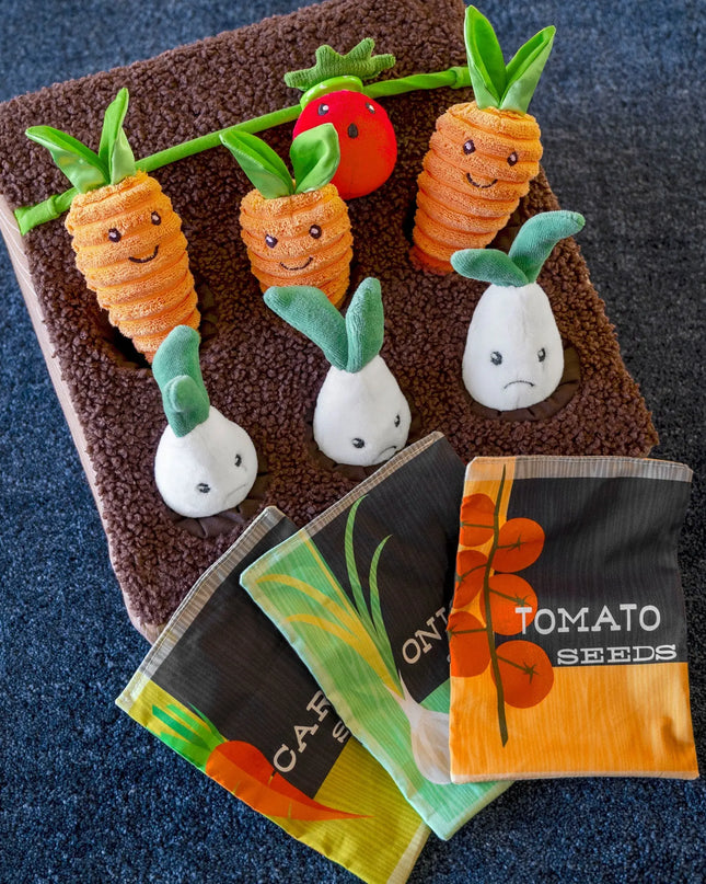 Plush vegetables on a brown fabric with seed packets below on a blue background
