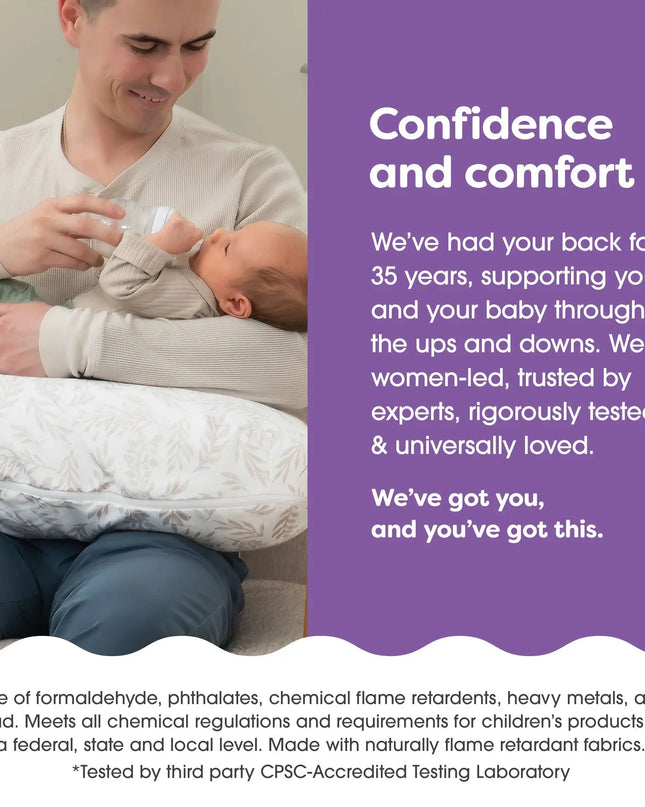 Man holding a baby with text about product confidence and comfort