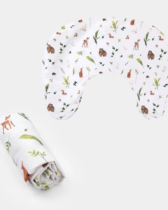 Baby swaddle and mitt set with forest animal pattern on a white background