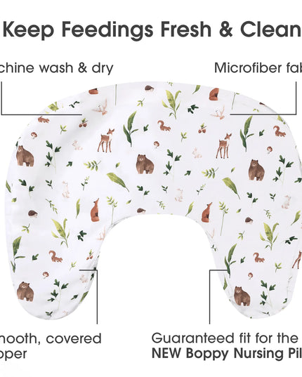 Boppy nursing pillow with forest animal pattern on a white background