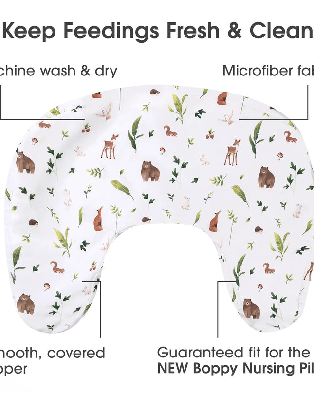 Boppy nursing pillow with forest animal pattern on a white background