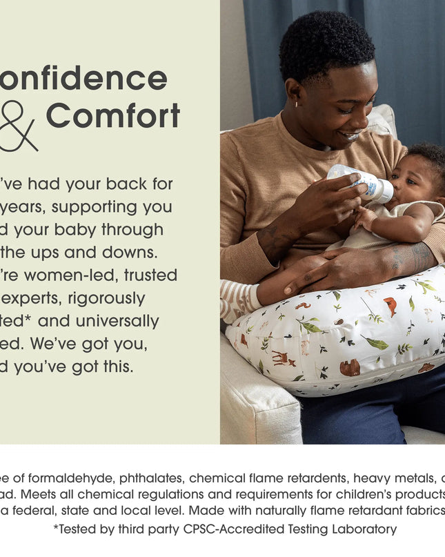 Woman holding a baby and feeding it with a bottle, with text about confidence and comfort.