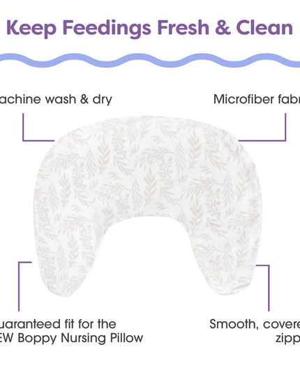 Boppy nursing pillow with text on washing and features