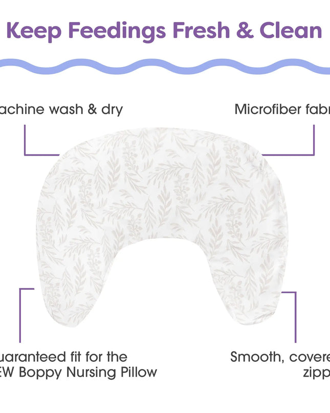 Boppy nursing pillow with text on washing and features